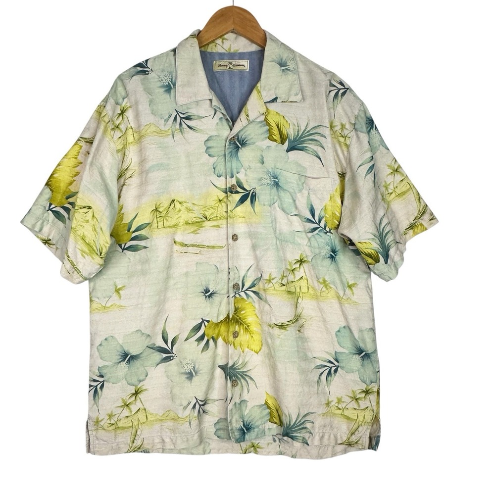 Tommy Bahama 100% Silk Hawaiian Shirt Mens Large Blue Green Floral Tropical Camp